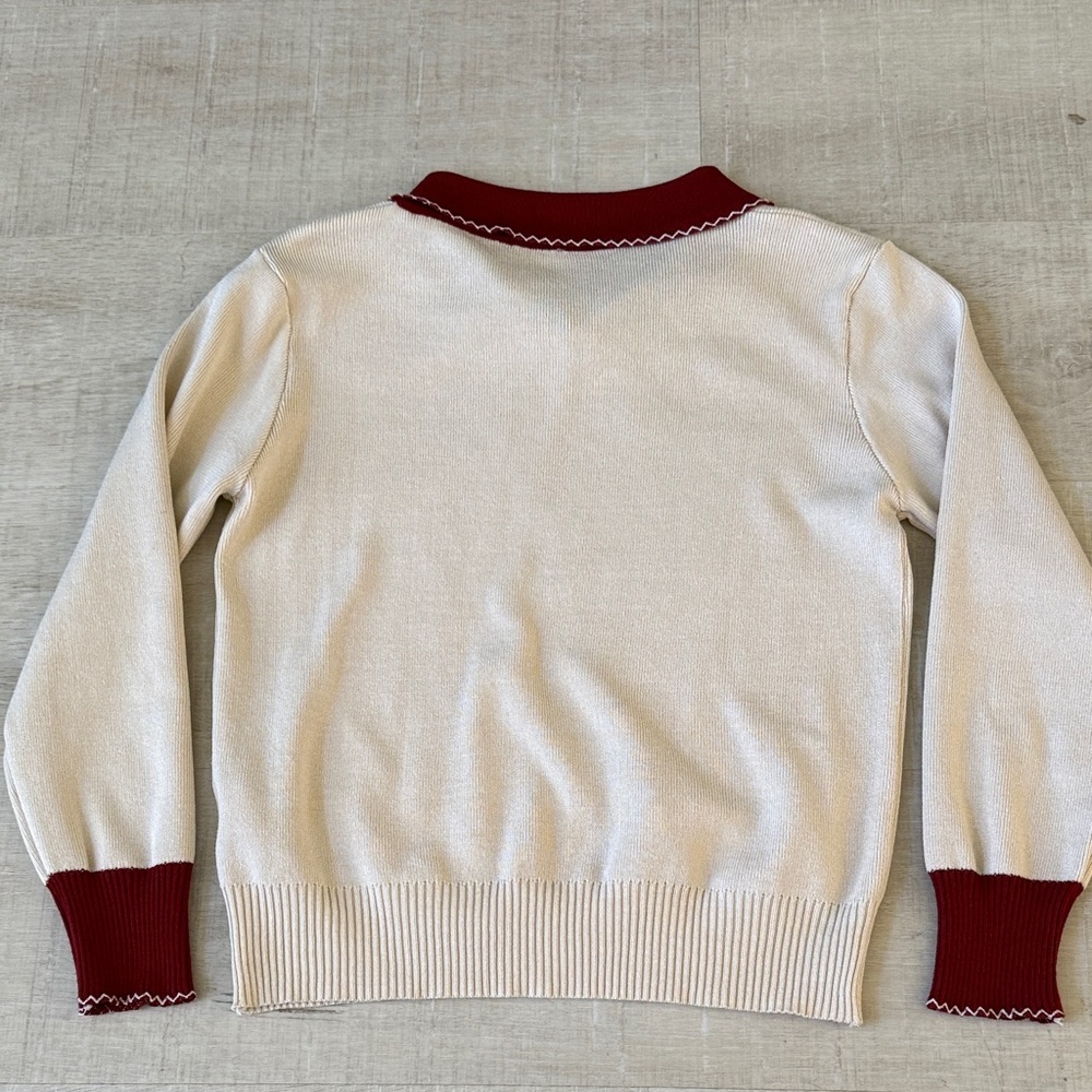 Elegant Cream Knit with Burgundy Collar and Bow detail - Picture 7 of 8